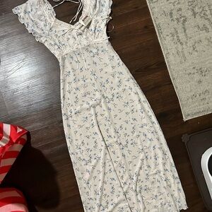 Cream Midi Dress with Blue Floral Print and Lace Trim